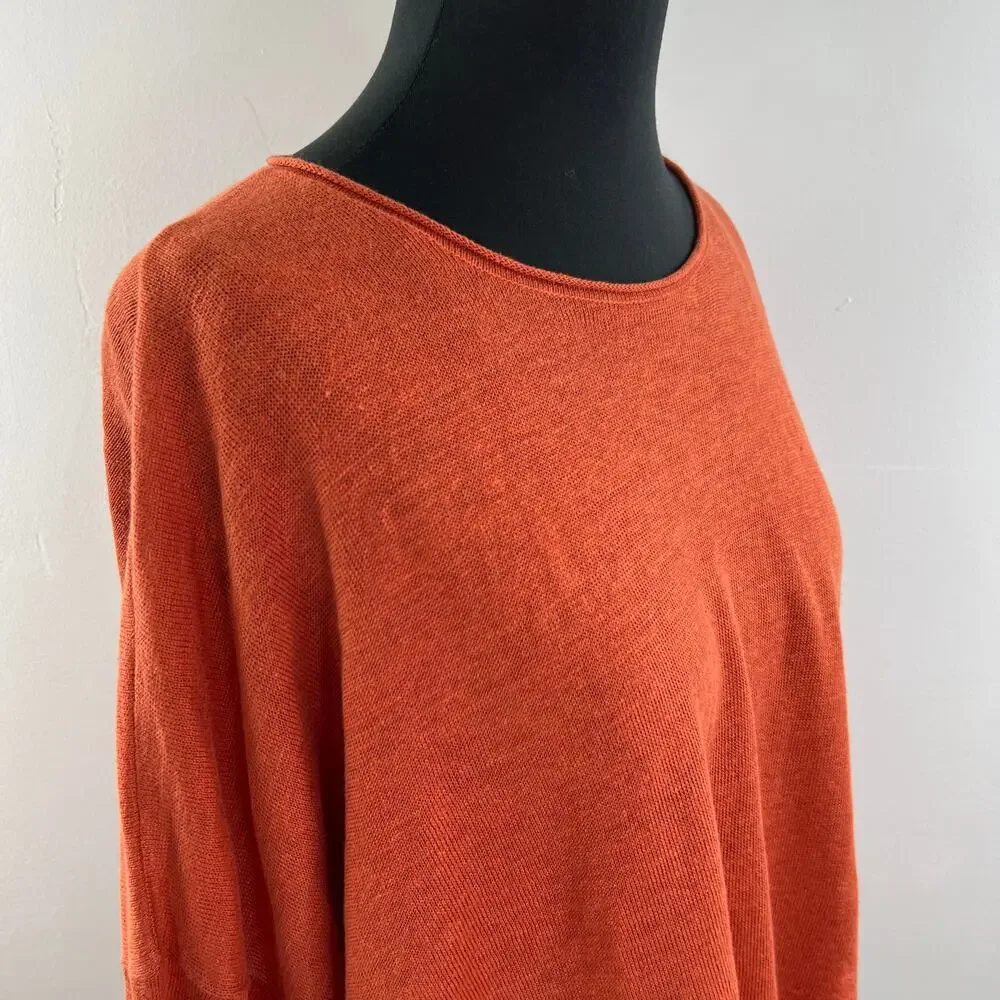 EILEEN FISHER Orange Linen Long Sleeve Bateau Neck Pullover Sweater Size S/M